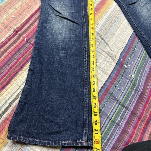 Sacred Boot Cut Flare Jeans Dark Blue Distressed Embroidery Women’s Waist 32 USA - Picture 11 of 12